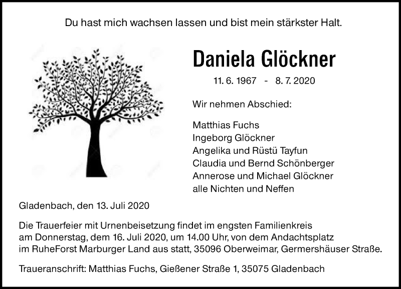  Traueranzeige für Daniela Glöckner vom 13.07.2020 aus 205 Hinterländer Anzeiger