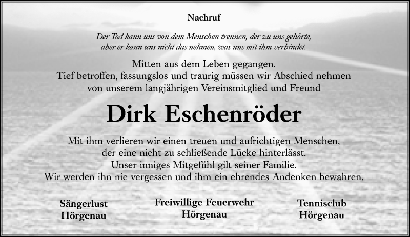  Traueranzeige für Dirk Eschenröder vom 01.08.2020 aus VRM Trauer