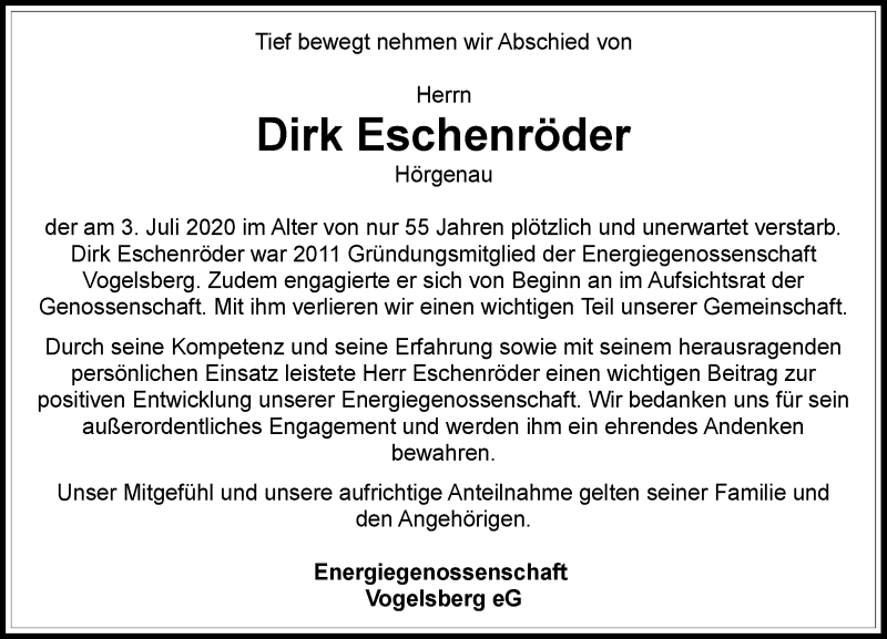  Traueranzeige für Dirk Eschenröder vom 01.08.2020 aus VRM Trauer