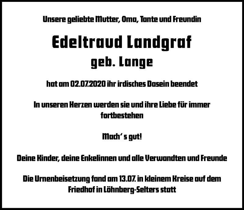  Traueranzeige für Edeltraud Landgraf vom 15.07.2020 aus 206 Weilburger Tageblatt