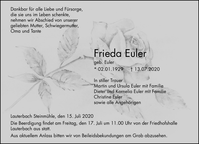  Traueranzeige für Frieda Euler vom 15.07.2020 aus VRM Trauer