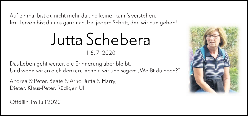  Traueranzeige für Jutta Schebera vom 11.07.2020 aus 202 Dill Block