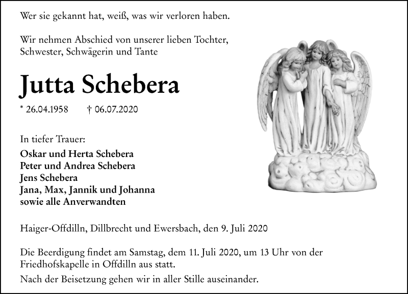  Traueranzeige für Jutta Schebera vom 09.07.2020 aus 202 Dill Block