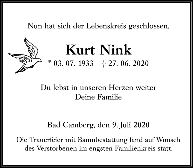  Traueranzeige für Kurt Nink vom 09.07.2020 aus 582 Camberger Anzeiger