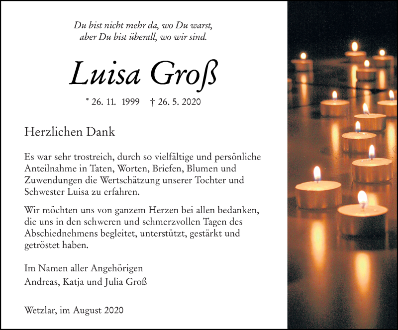  Traueranzeige für Luisa Groß vom 01.08.2020 aus 201 Wetzlarer Neue Zeitung