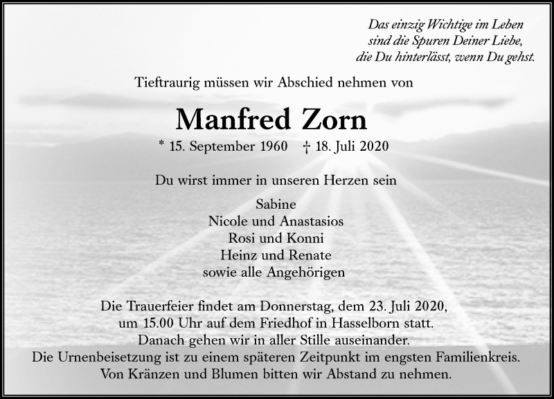  Traueranzeige für Manfred Zorn vom 21.07.2020 aus 201 Wetzlarer Neue Zeitung