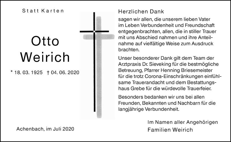  Traueranzeige für Otto Weirich vom 11.07.2020 aus 205 Hinterländer Anzeiger
