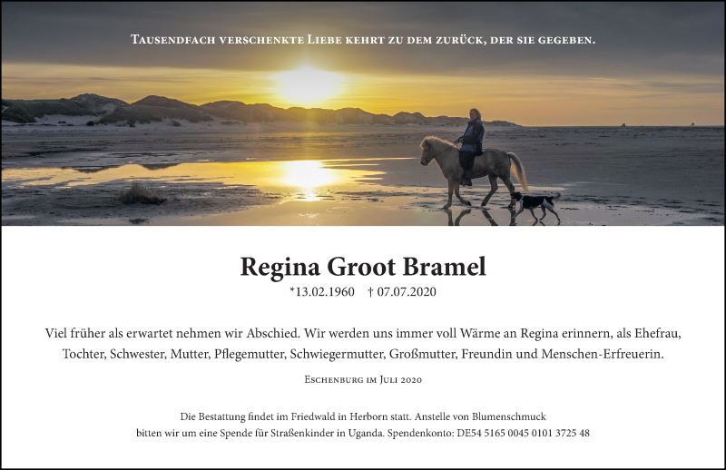  Traueranzeige für Regina Groot Bramel vom 11.07.2020 aus 205 Hinterländer Anzeiger