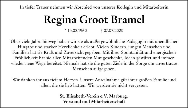  Traueranzeige für Regina Groot Bramel vom 16.07.2020 aus 205 Hinterländer Anzeiger