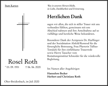 Traueranzeige von Rosel Roth von 563 Oberhessische Zeitung