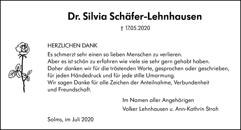  Traueranzeige für Silvia Schäfer-Lehnhausen vom 04.07.2020 aus 206 Weilburger Tageblatt