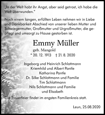 Traueranzeige von Emmy Müller von 201 Wetzlarer Neue Zeitung