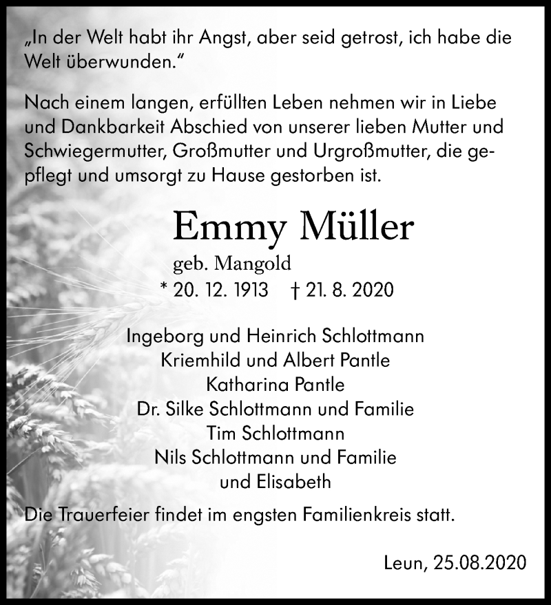  Traueranzeige für Emmy Müller vom 25.08.2020 aus 201 Wetzlarer Neue Zeitung
