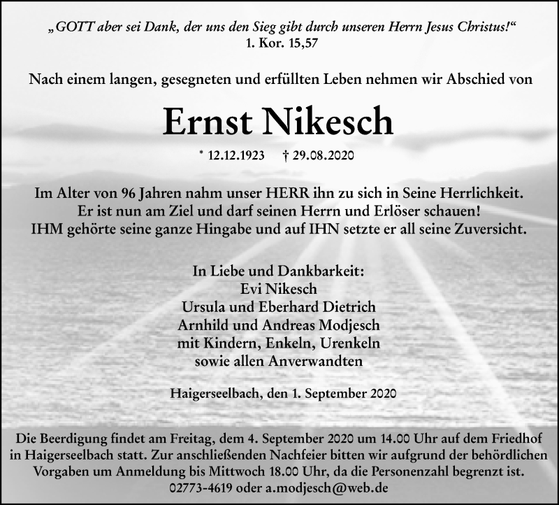  Traueranzeige für Ernst Nikesch vom 01.09.2020 aus 202 Dill Block