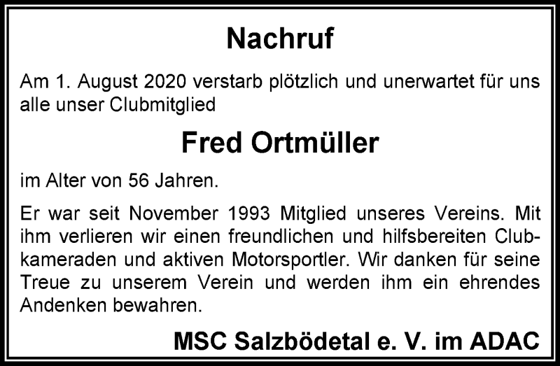  Traueranzeige für Fred Ortmüller vom 08.08.2020 aus 205 Hinterländer Anzeiger