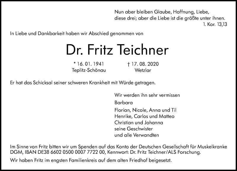  Traueranzeige für Fritz Teichner vom 29.08.2020 aus 202 Dill Block