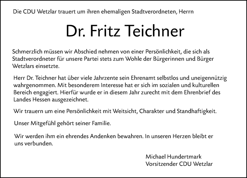  Traueranzeige für Fritz Teichner vom 29.08.2020 aus 201 Wetzlarer Neue Zeitung