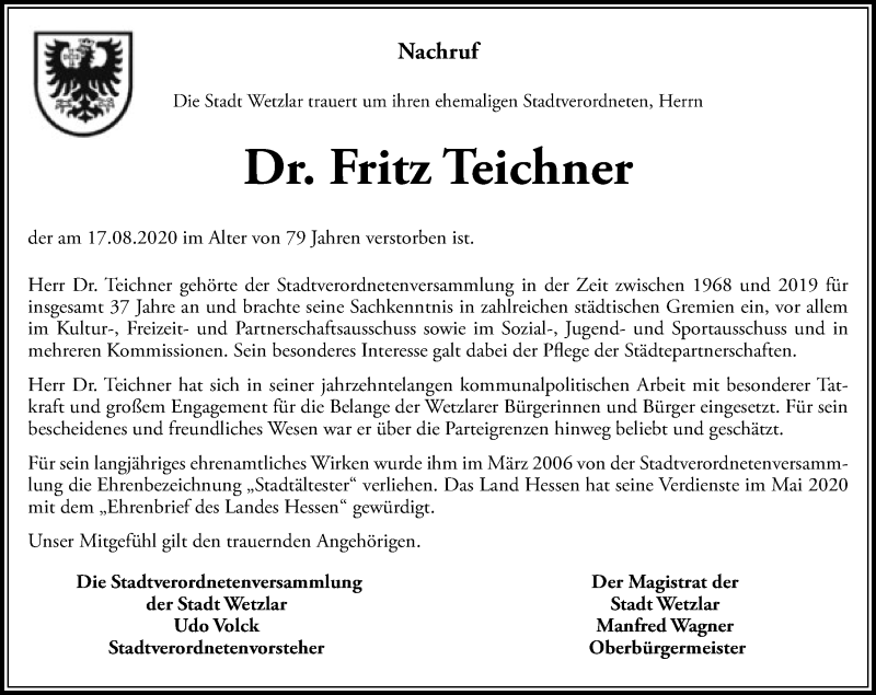  Traueranzeige für Fritz Teichner vom 01.09.2020 aus 201 Wetzlarer Neue Zeitung