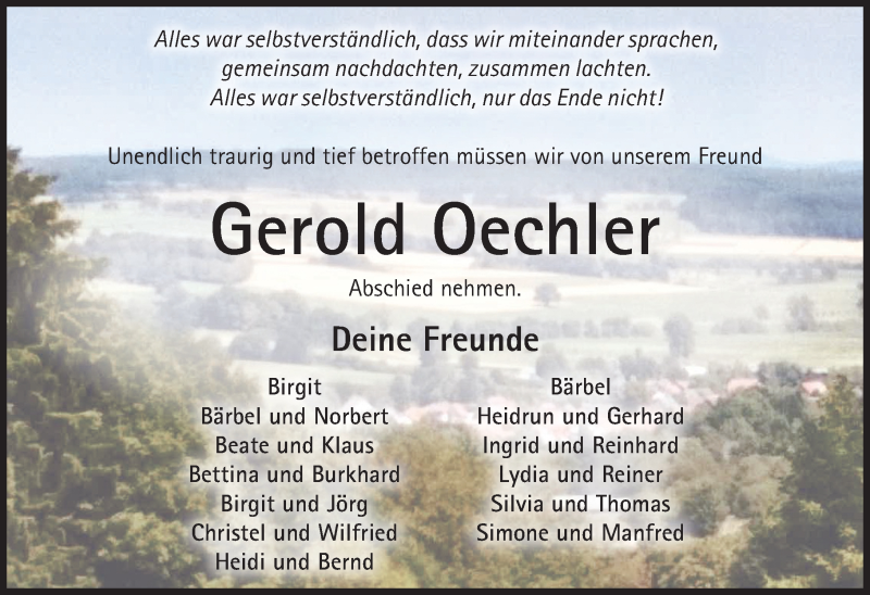  Traueranzeige für Gerold Oechler vom 14.08.2020 aus VRM Trauer