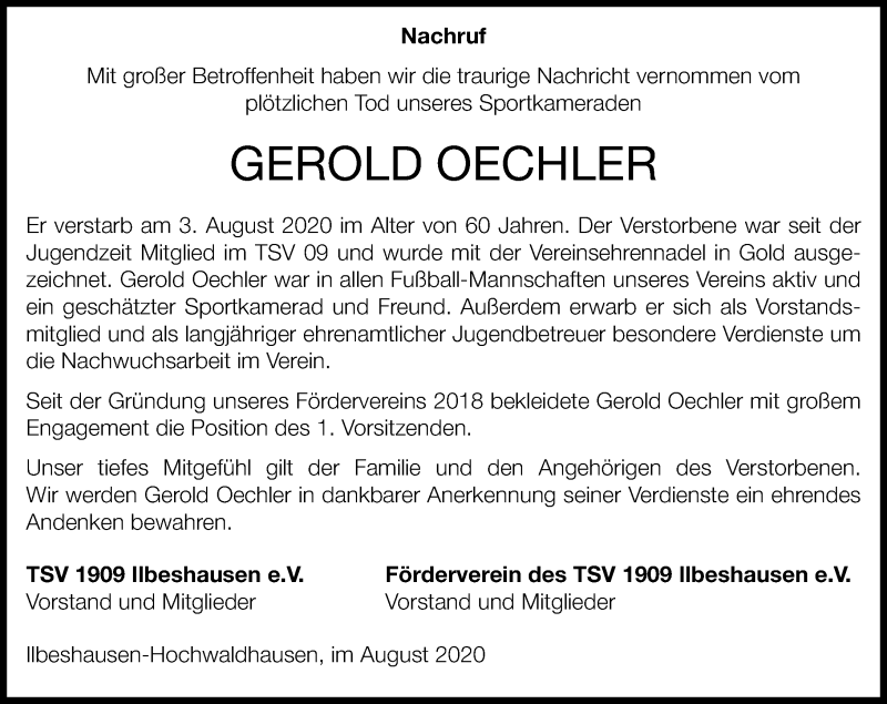  Traueranzeige für Gerold Oechler vom 13.08.2020 aus VRM Trauer