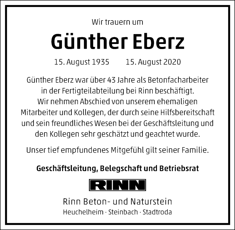  Traueranzeige für Günther Eberz vom 29.08.2020 aus 201 Wetzlarer Neue Zeitung