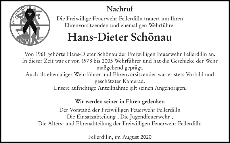  Traueranzeige für Hans-Dieter Schönau vom 19.08.2020 aus 202 Dill Block