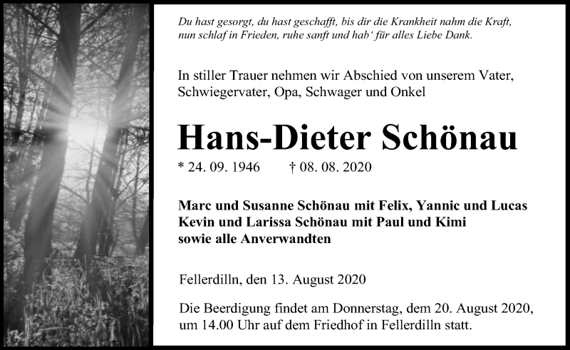  Traueranzeige für Hans-Dieter Schönau vom 13.08.2020 aus 202 Dill Block
