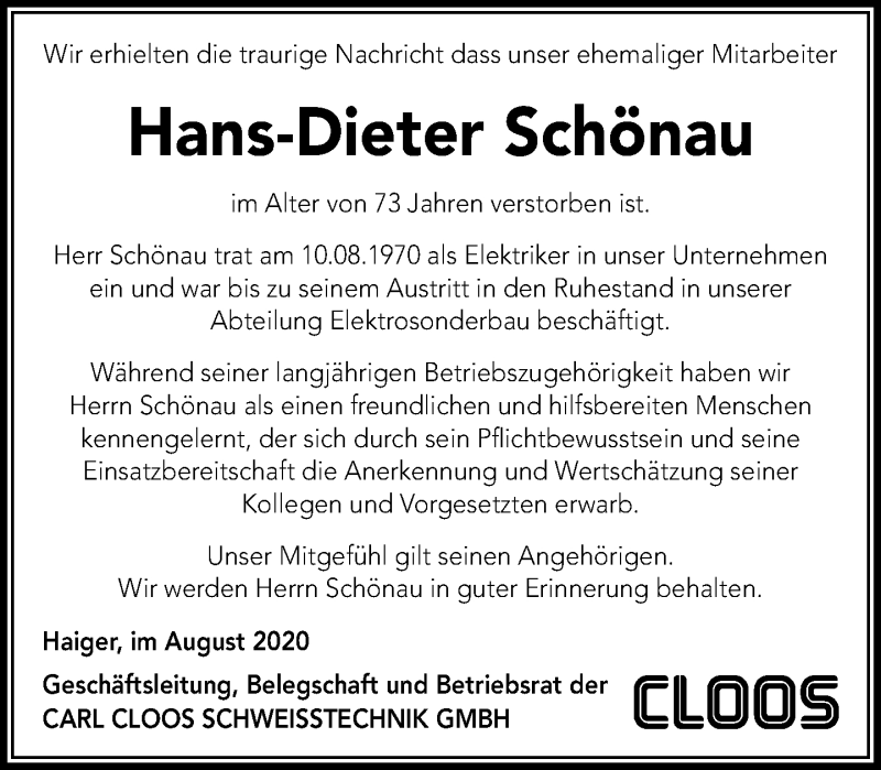 Traueranzeige für Hans-Dieter Schönau vom 14.08.2020 aus 202 Dill Block