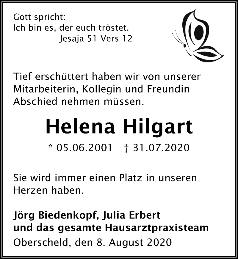  Traueranzeige für Helena Hilgart vom 08.08.2020 aus 202 Dill Block