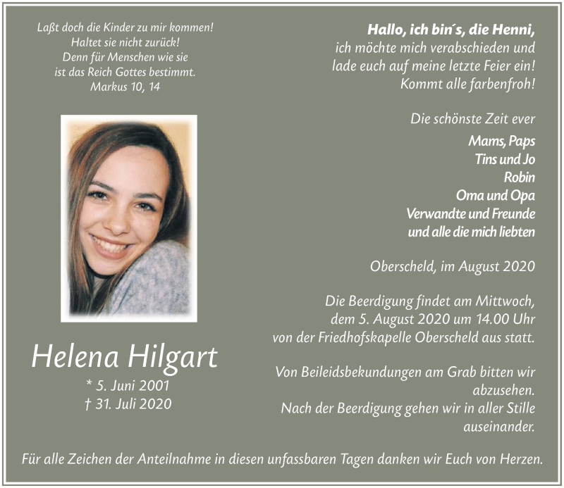  Traueranzeige für Helena Hilgart vom 04.08.2020 aus 202 Dill Block
