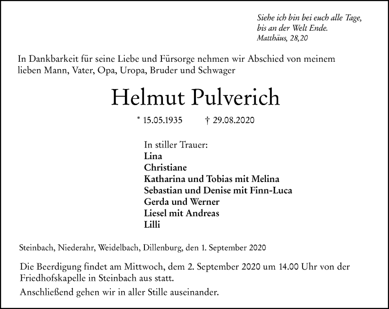  Traueranzeige für Helmut Pulverich vom 01.09.2020 aus 202 Dill Block