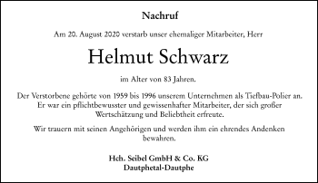 Traueranzeige von Helmut Schwarz von 205 Hinterländer Anzeiger