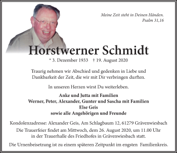 Traueranzeige von Horstwerner Schmidt von 206 Weilburger Tageblatt