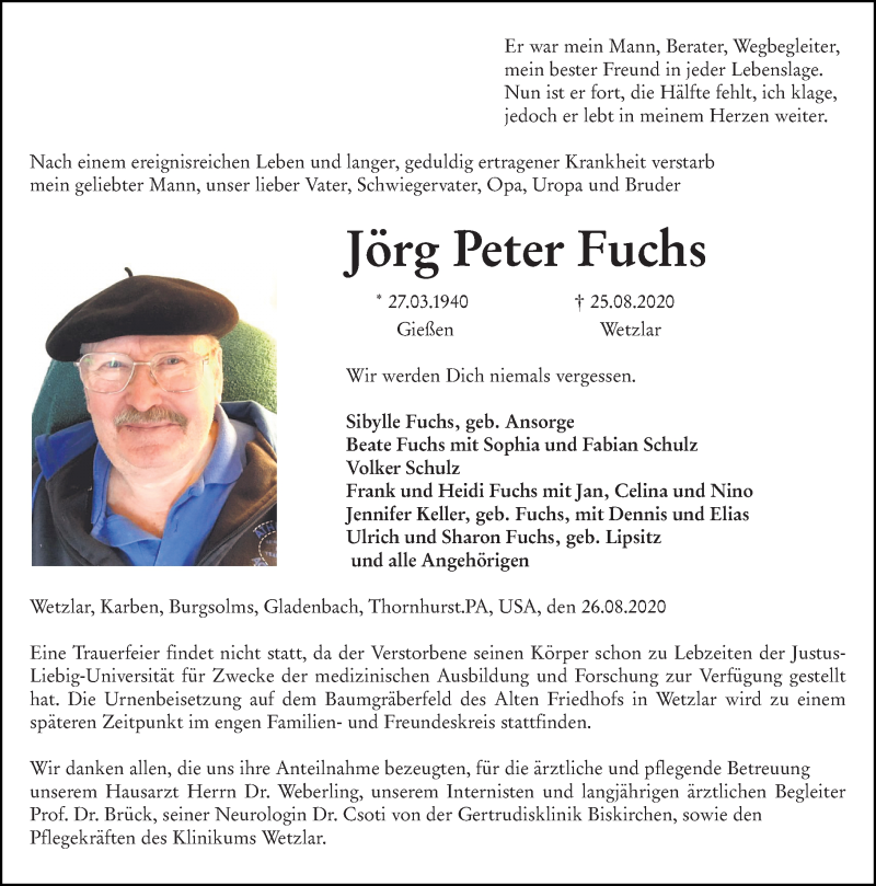  Traueranzeige für Jörg Peter Fuchs vom 31.08.2020 aus 201 Wetzlarer Neue Zeitung