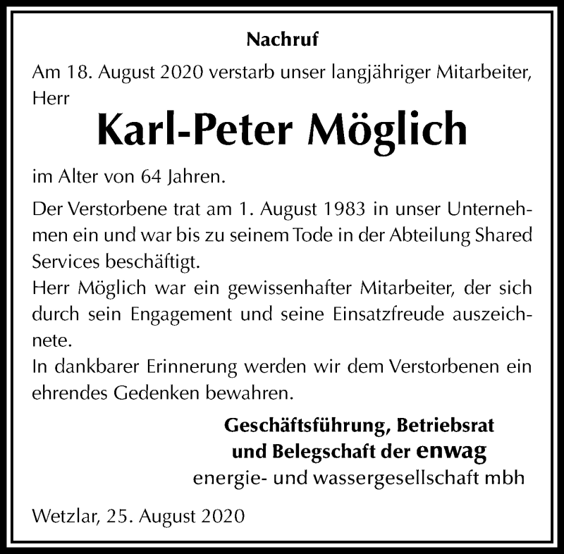  Traueranzeige für Karl-Peter Möglich vom 27.08.2020 aus 201 Wetzlarer Neue Zeitung