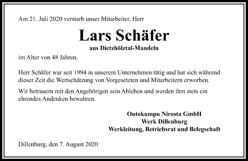  Traueranzeige für Lars Schäfer vom 07.08.2020 aus 202 Dill Block