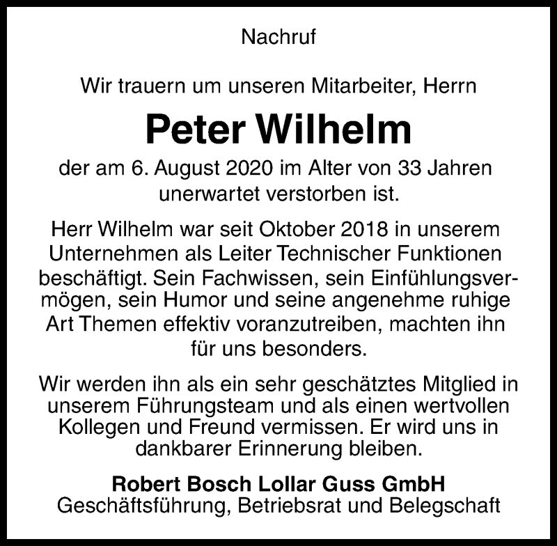  Traueranzeige für Peter Wilhelm vom 15.08.2020 aus 205 Hinterländer Anzeiger