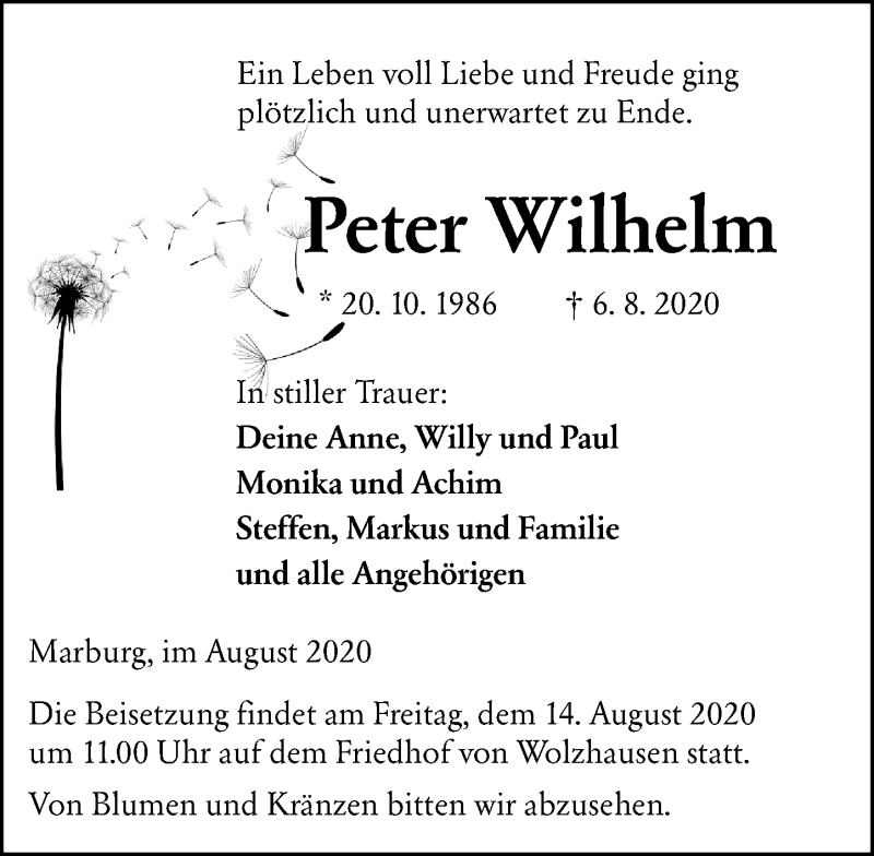  Traueranzeige für Peter Wilhelm vom 12.08.2020 aus 205 Hinterländer Anzeiger