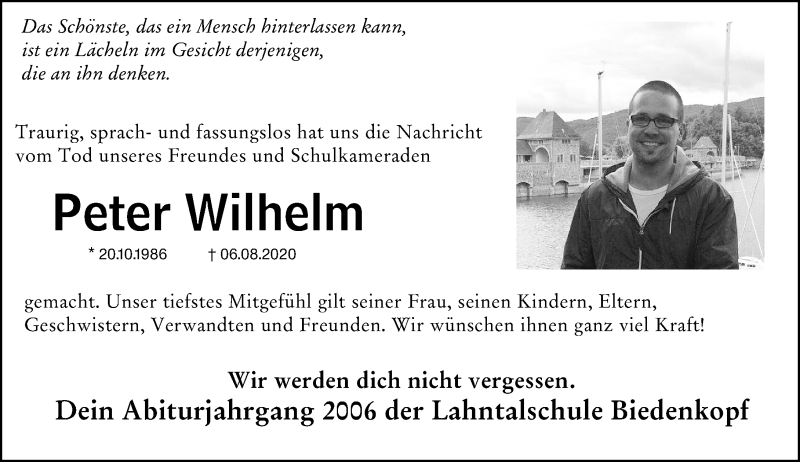  Traueranzeige für Peter Wilhelm vom 13.08.2020 aus 205 Hinterländer Anzeiger