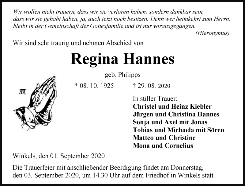  Traueranzeige für Regina Hannes vom 01.09.2020 aus 206 Weilburger Tageblatt