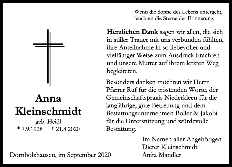  Traueranzeige für Anna Kleinschmidt vom 26.09.2020 aus 201 Wetzlarer Neue Zeitung