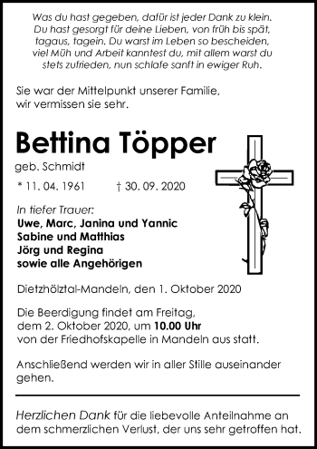 Traueranzeige von Bettina Töpper von 205 Hinterländer Anzeiger