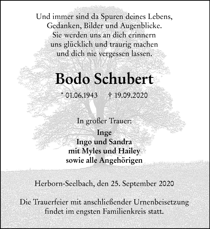  Traueranzeige für Bodo Schubert vom 25.09.2020 aus 202 Dill Block