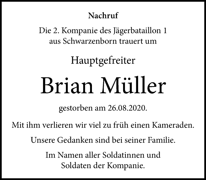  Traueranzeige für Brian Müller vom 12.09.2020 aus 201 Wetzlarer Neue Zeitung