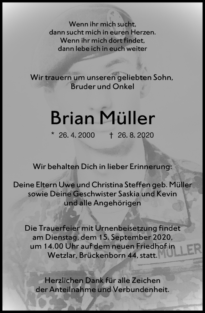  Traueranzeige für Brian Müller vom 12.09.2020 aus 201 Wetzlarer Neue Zeitung