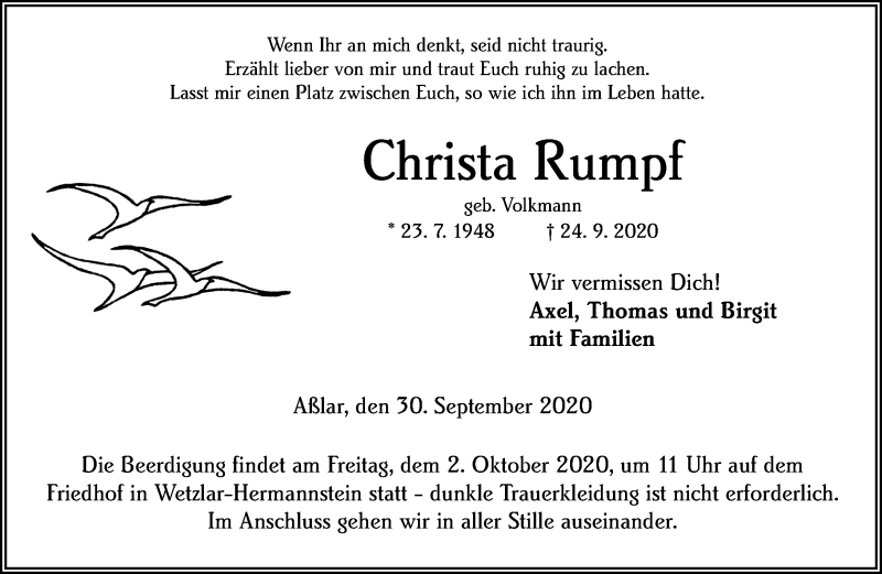  Traueranzeige für Christa Rumpf vom 30.09.2020 aus 201 Wetzlarer Neue Zeitung