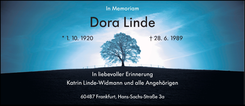  Traueranzeige für Dora Linde vom 01.10.2020 aus 206 Weilburger Tageblatt