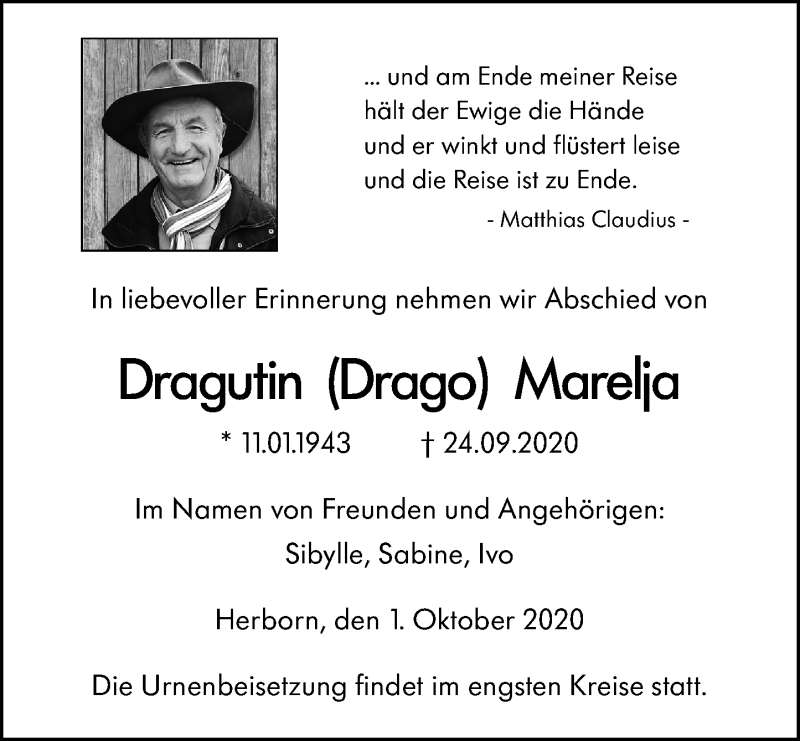  Traueranzeige für Dragutin  Marelja vom 01.10.2020 aus 202 Dill Block
