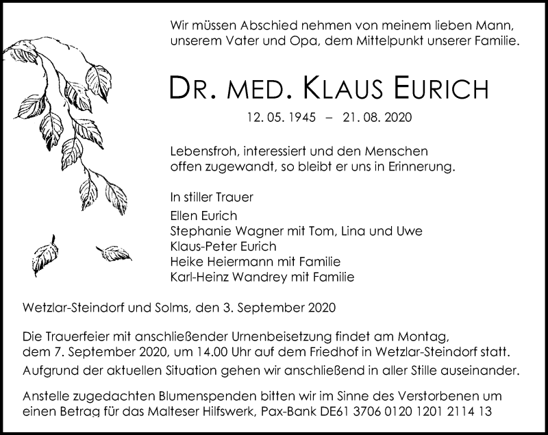  Traueranzeige für Klaus Eurich vom 03.09.2020 aus 201 Wetzlarer Neue Zeitung