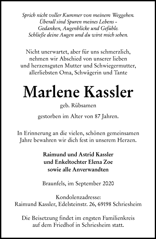  Traueranzeige für Marlene Kassler vom 23.09.2020 aus 201 Wetzlarer Neue Zeitung